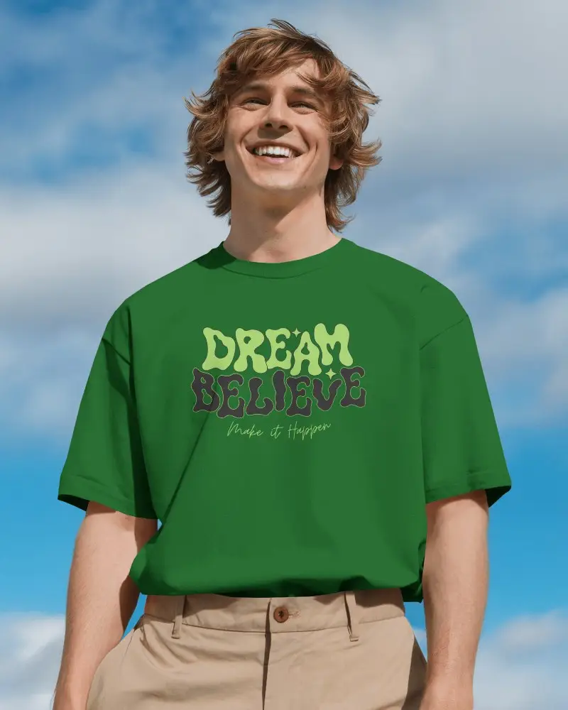 Outdoor Front View T Shirt Mockup Smiling Male Model In Boxy White Tee And Khakis Bright Sky Background Cheerful Casual Style