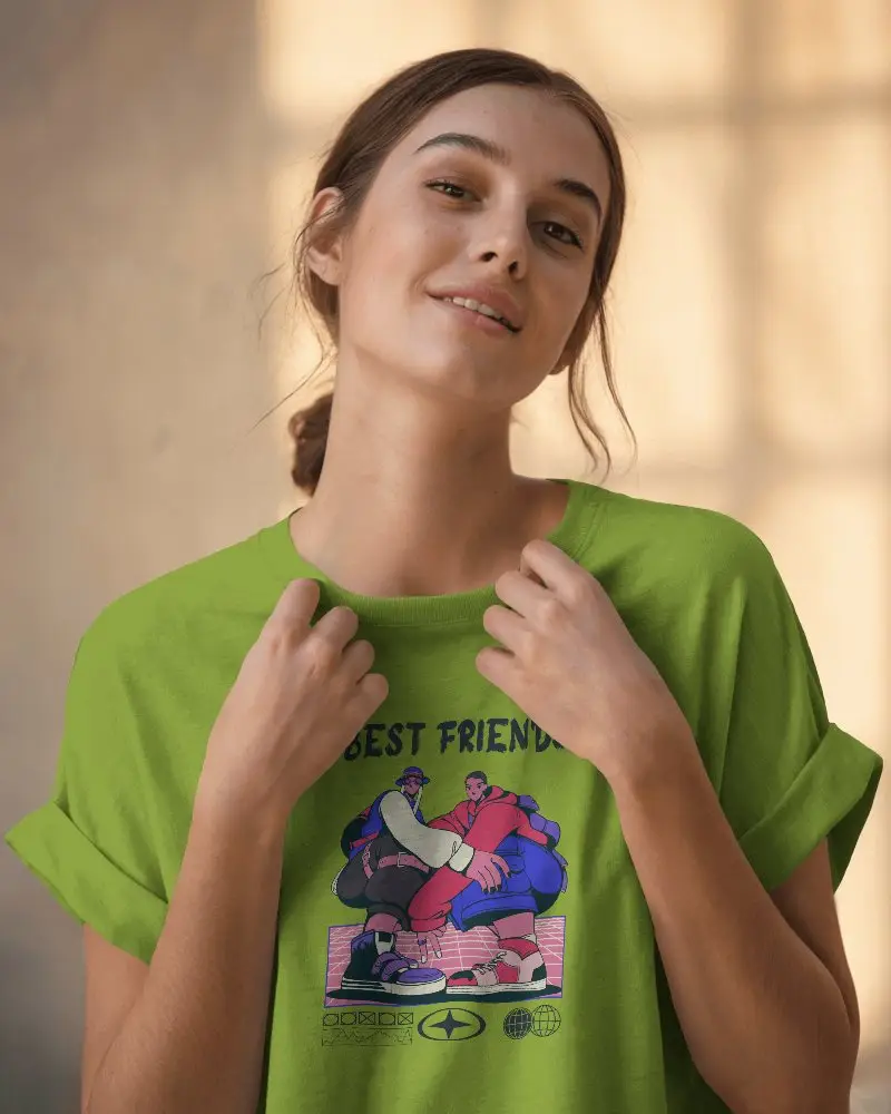 Minimalist T Shirt Mockup Female Model Smiling With Clear Design Space Ready For Custom Graphic Art