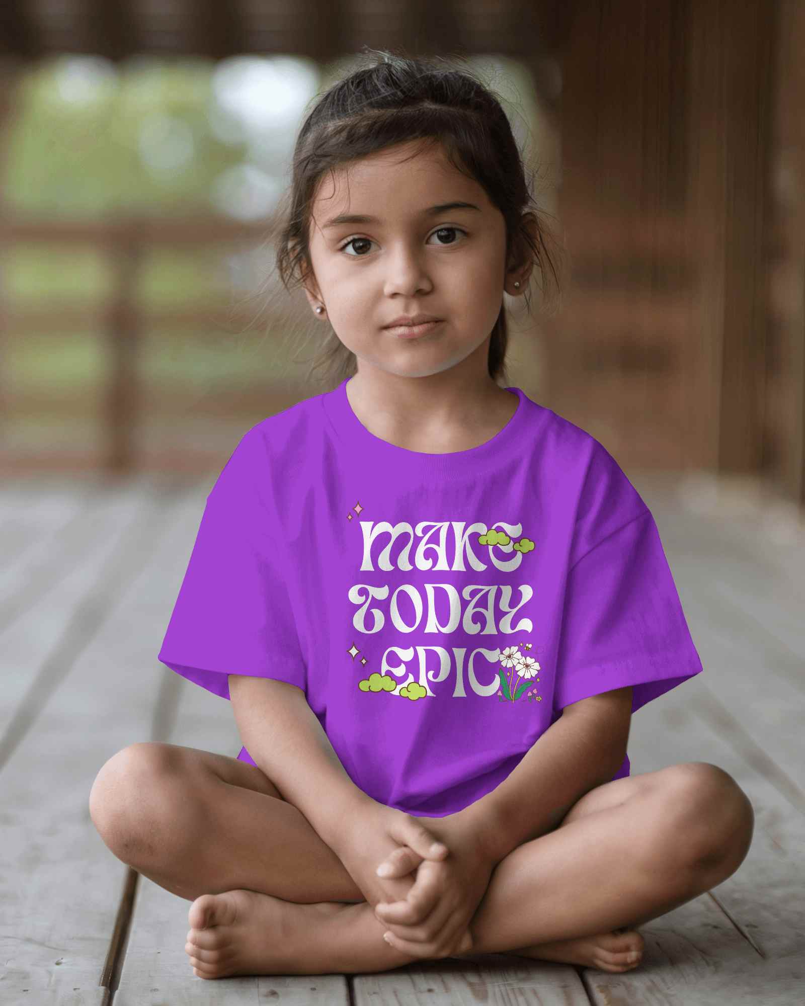 Rustic Porch Kid T Shirt Mockup Young Girl In Red Tee Sitting Cross Legged Soft Natural Lighting Cozy And Autumn Inspired Ambience