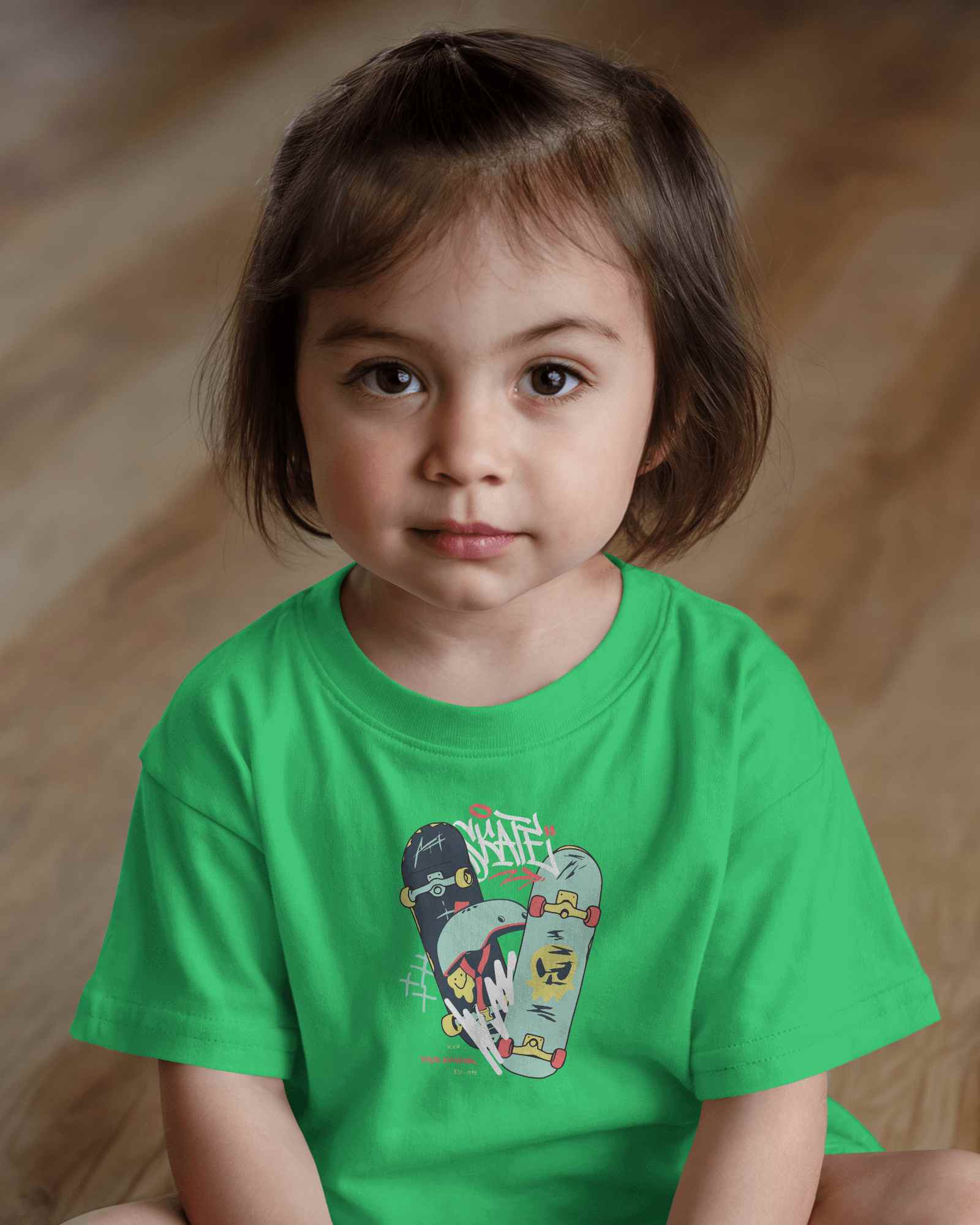 Adorable Kid T Shirt Mockup Little Girl In Bright Green Tee Sitting On Wooden Floor With Curious Expression Casual And Cute Look