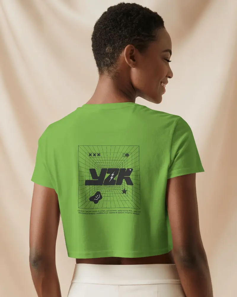 Modern Crop Back Tshirt Mockup With Smiling Female Model In Soft Neutral Interior Light 02041