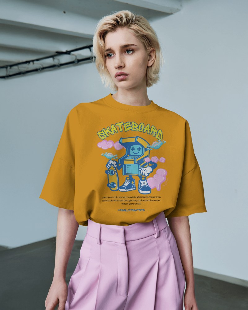 Modern Oversized T Shirt Mockup Female Model In Minimal Industrial Setting Effortless And Trendy Aesthetic 0789