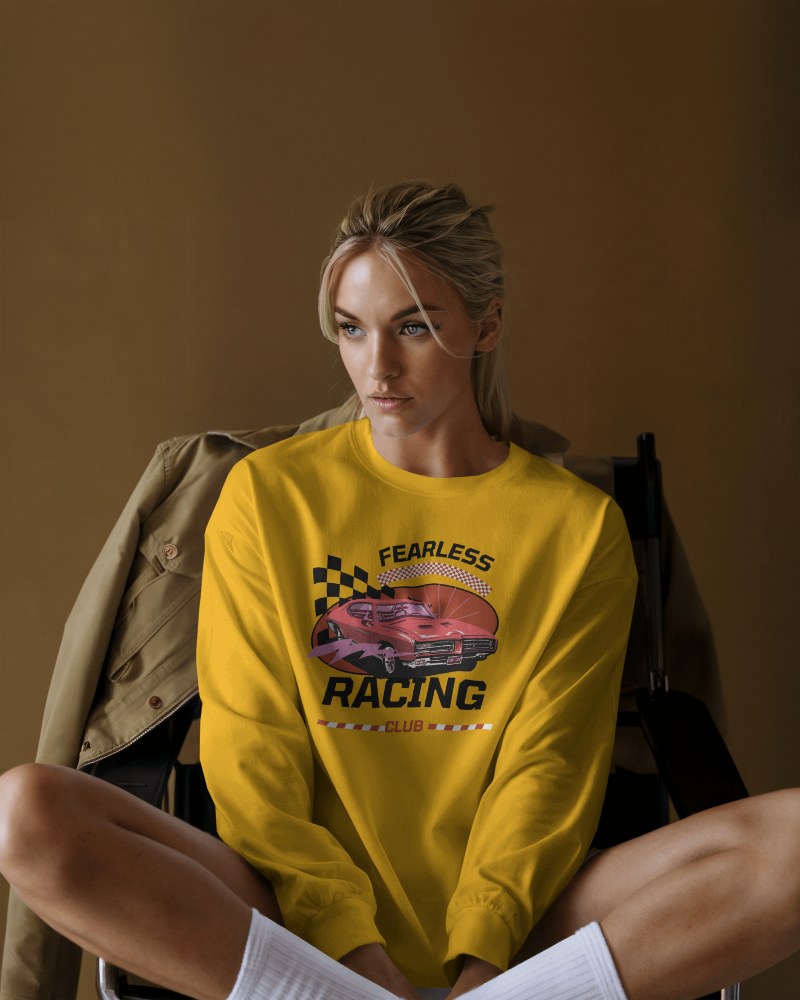 Moody Studio Blank Round Neck Long Sleeve T Shirt Mockup Women Model In White Tee Relaxed Pose Warm Neutral Background 0826