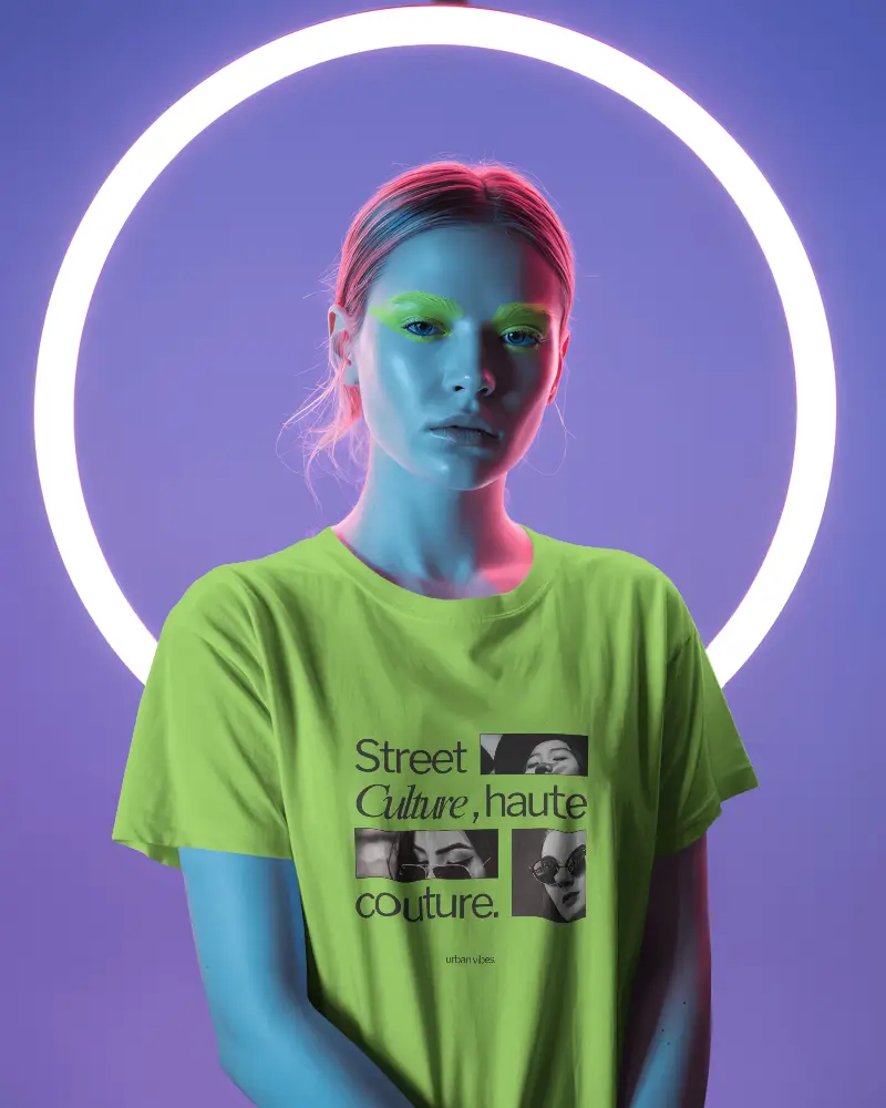 Neon Glow Tshirt Mockup Female Model In Uv Light Setup With Vivid Backdrop And Glowing Ring Halo 02026