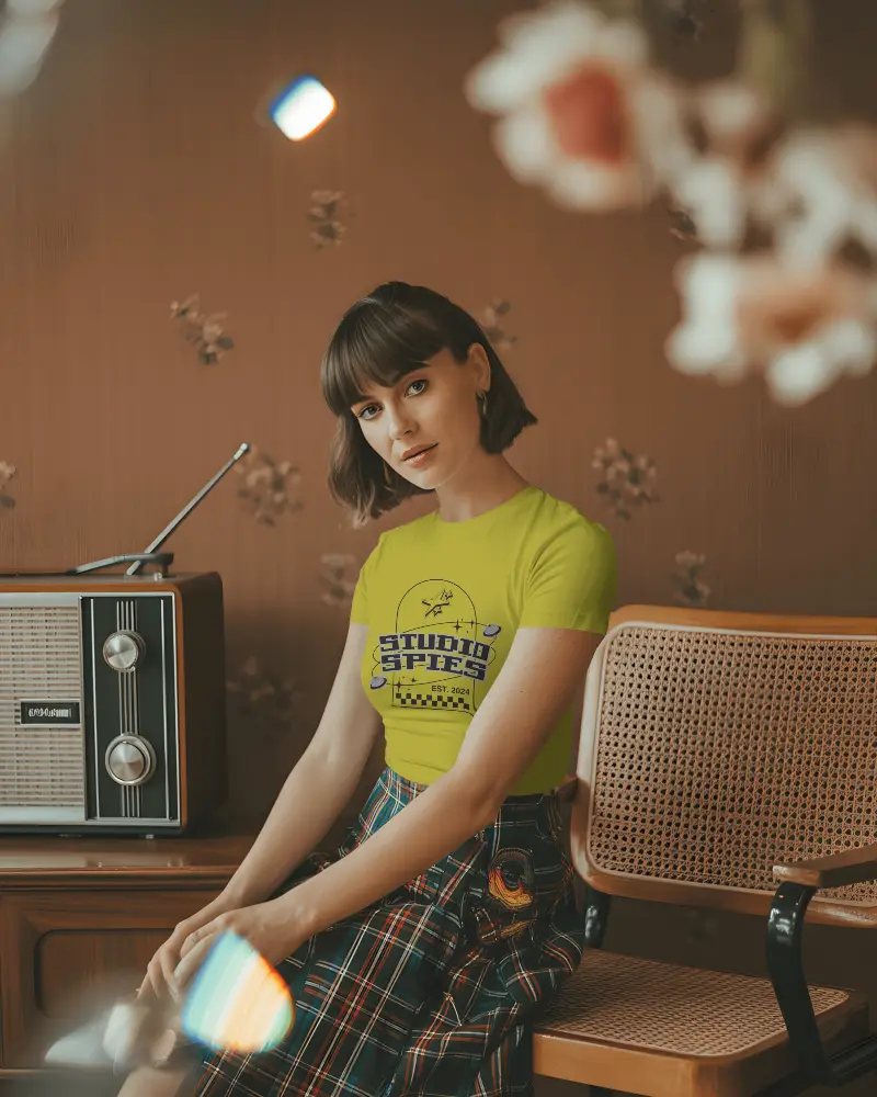 Nostalgic Room Tshirt Mockup Young Woman In Plaid Skirt Sitting By Old Radio In Soft Light 02025