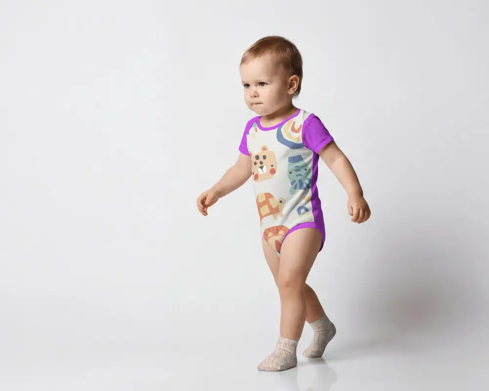 Walking Toddler Baby Onesie Mockup Side Angle Motion Pose Clean Studio Floor With Soft Shadow