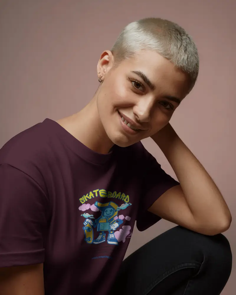 Short Silvery Hair Female Model Posing With A Smile Against Pastel Pink Background T Shirt Mockup