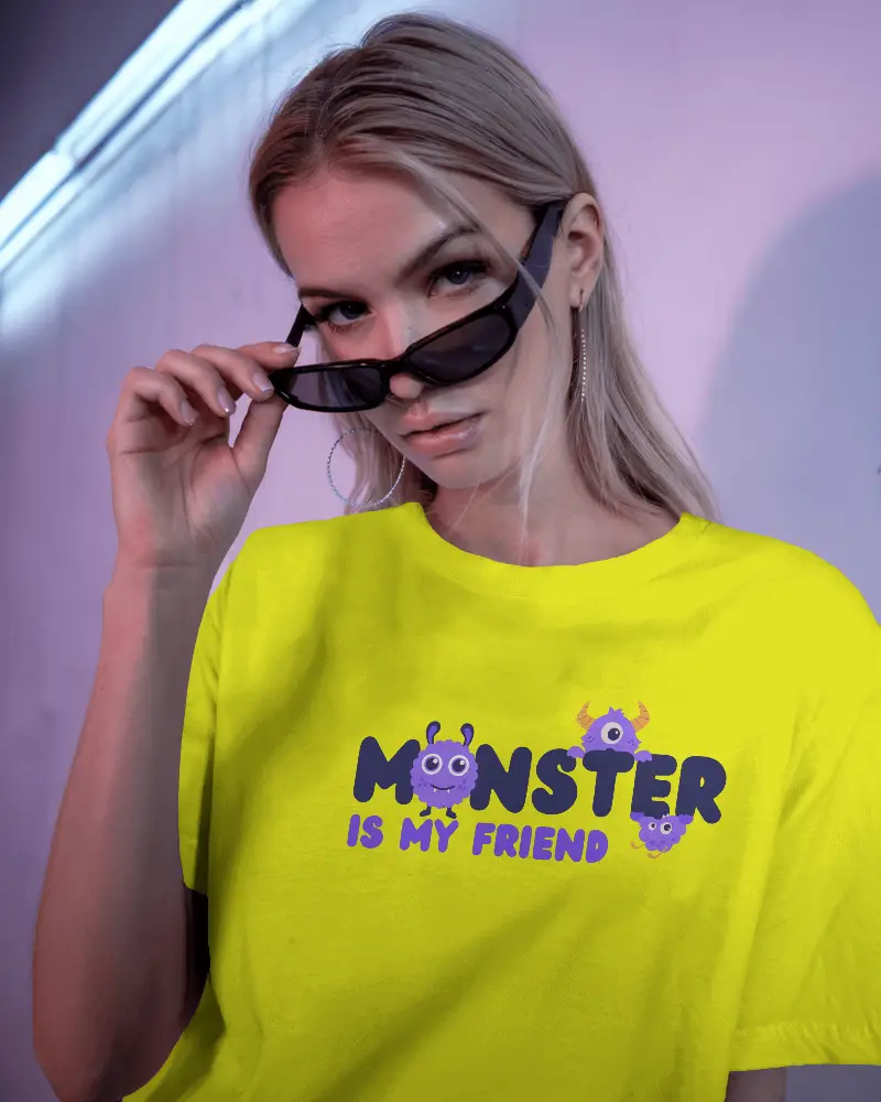 Modern Casual T Shirt Mockup On A Female Model With Sunglasses And Earrings Under Soft Shadows
