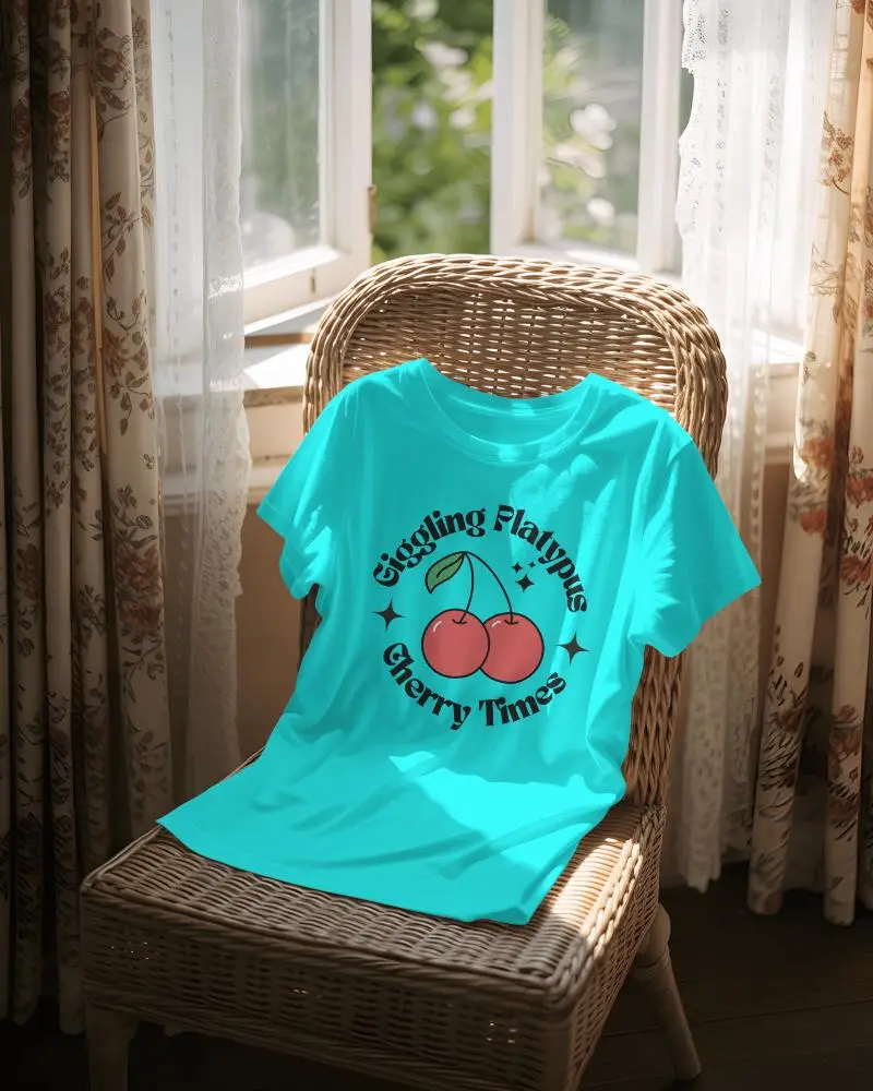 Sunlit Window T Shirt Mockup On Wicker Chair With Floral Curtains And Natural Lighting