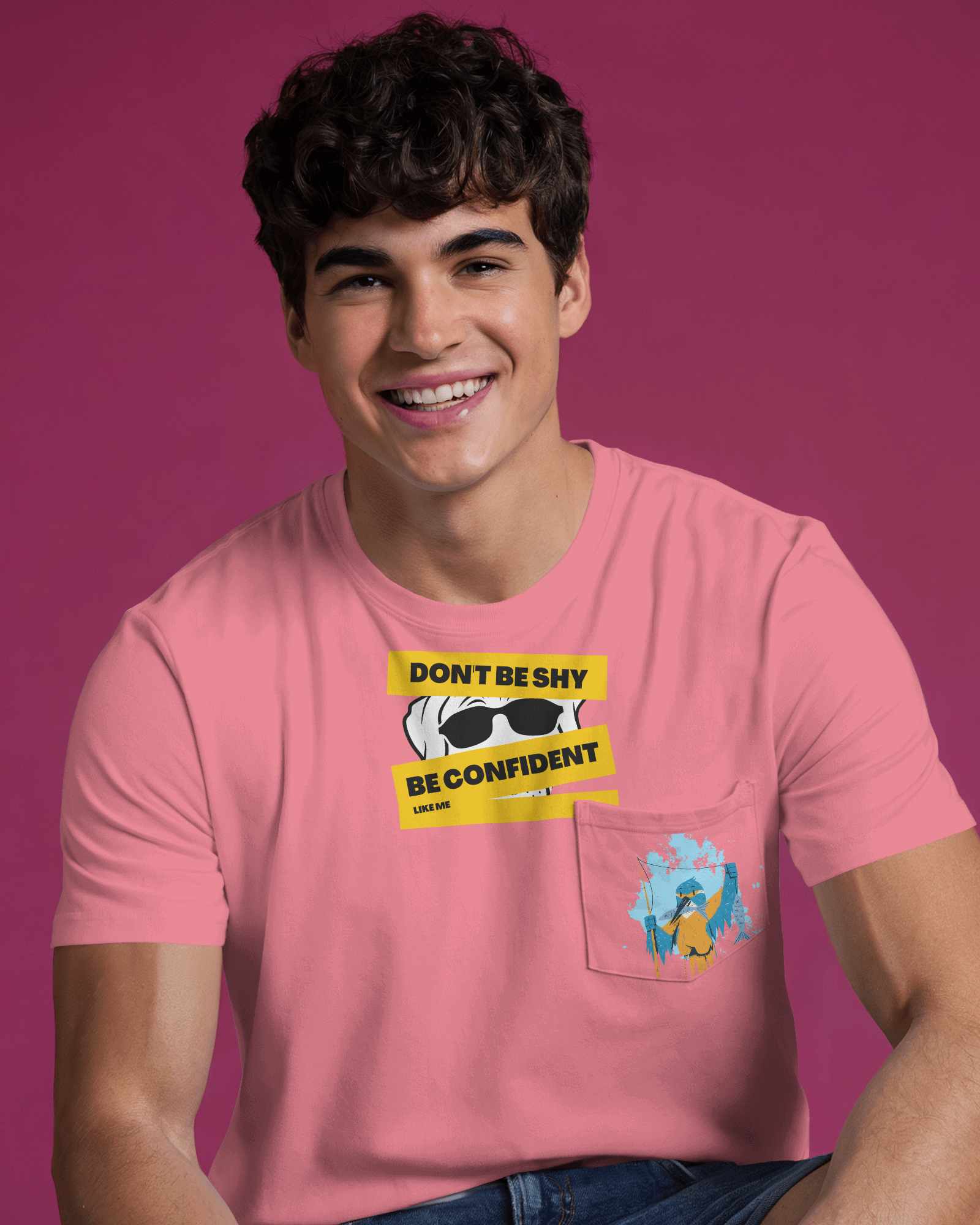 Casual Pocket T Shirt Mockup Male Model Smiling Against Bold Magenta Background Modern And Playful Style