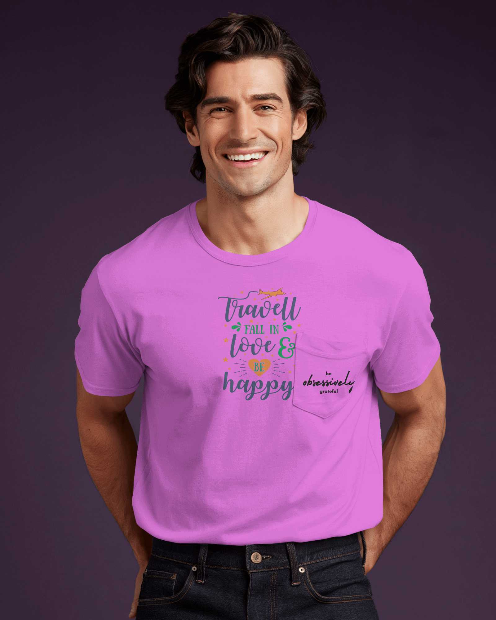 Classic Pocket T Shirt Mockup Male Model Smiling Against Deep Purple Background Elegant And Modern Style