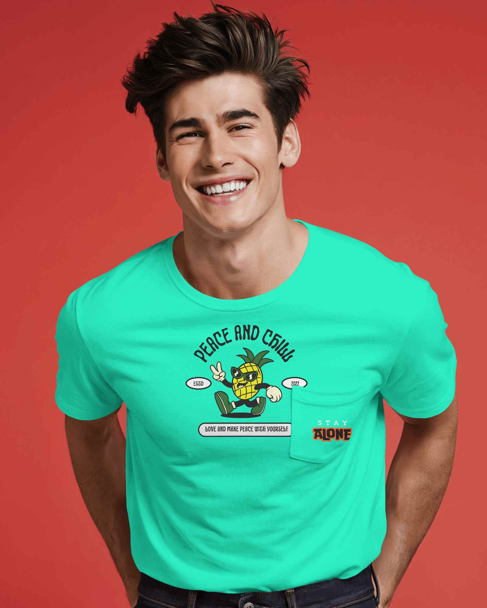 Bold Pocket T Shirt Mockup Male Model Smiling Against Vibrant Red Background Energetic And Modern Style