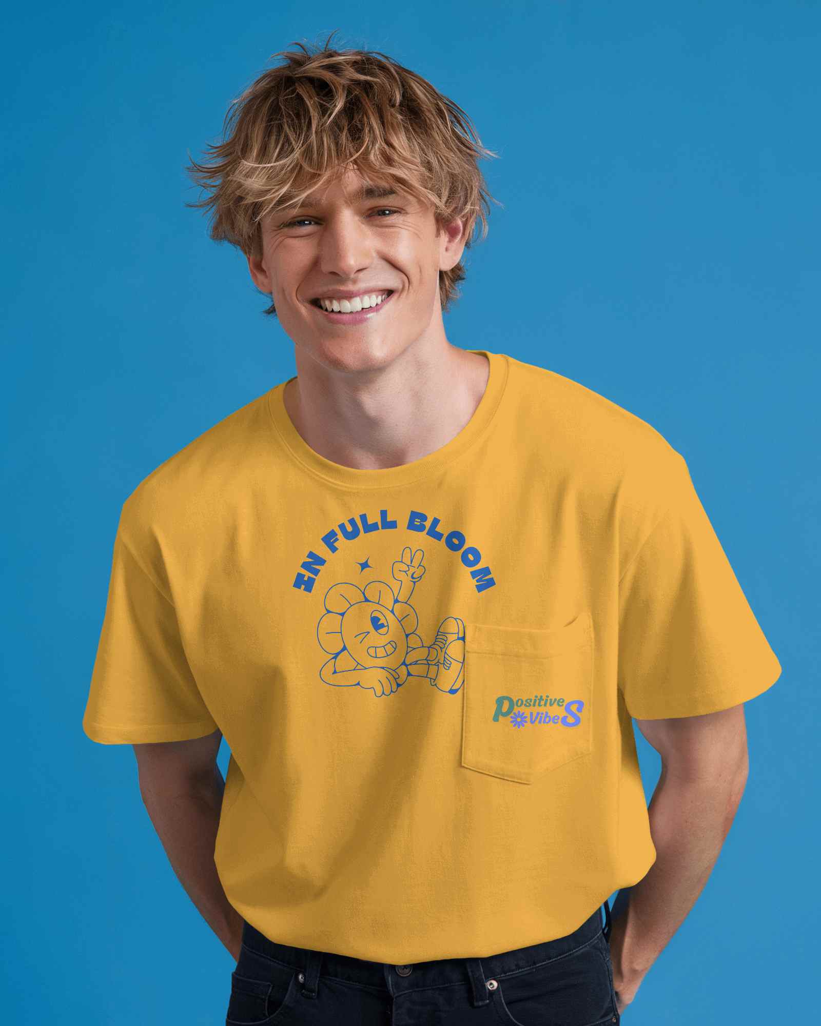 Cheerful Pocket T Shirt Mockup Male Model Smiling Against Bright Blue Background Fun And Playful Vibe