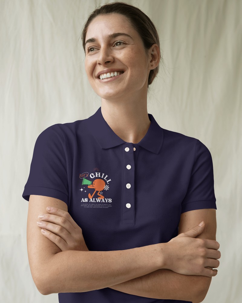 Smiling Female Polo T Shirt Mockup Crossed Arms In Soft Natural Lighting White Polo With Customizable Design Casual And Confident Look 002