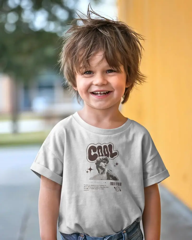 Happy Little Boy Wearing Comfortable Baby Tee Design Mockup For Kids Apparel Brand
