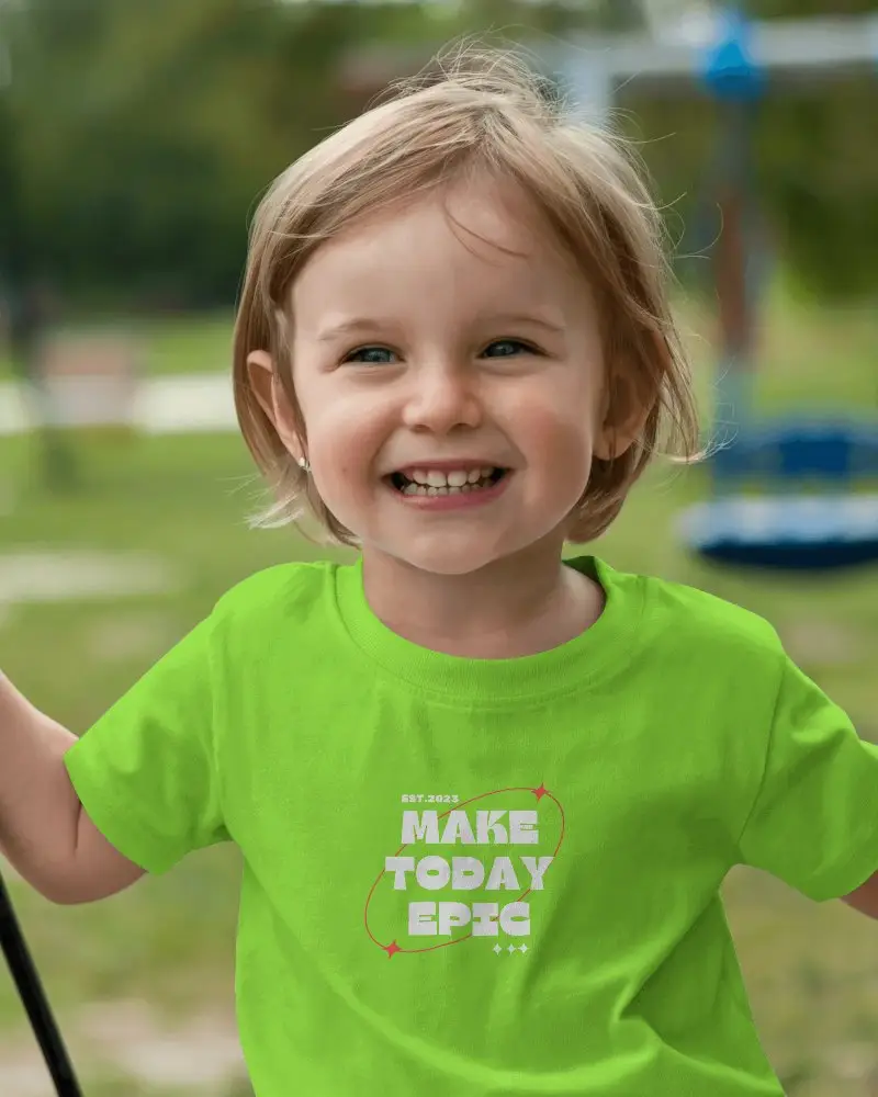 Happy Little Kid Wearing Comfortable Casual Tshirt Outdoor Fun Playground Style
