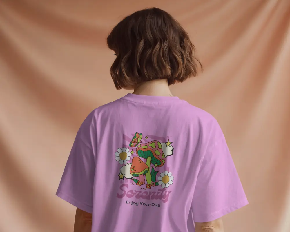 Rear Tshirt Mockup Female Model With Bob Cut In Soft Peach Curtain Studio Background 02042