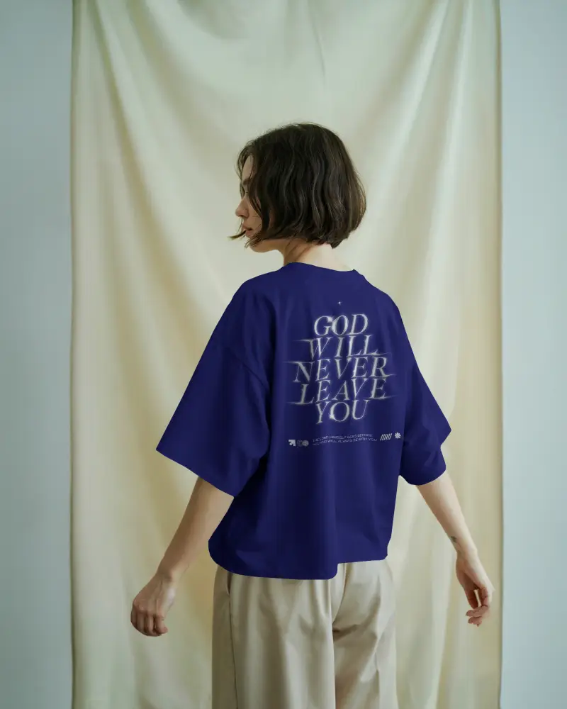 Studio Backview Tshirt Mockup Woman In Boxy White Tee Light Draped Curtain Background Soft Lighting
