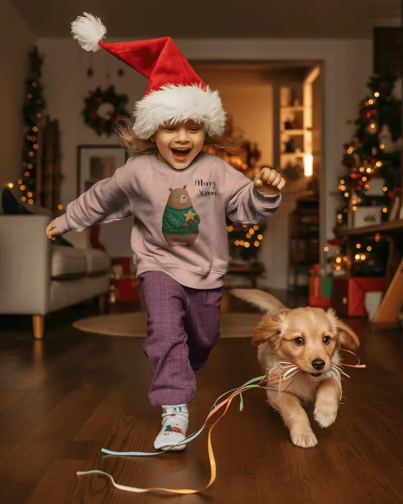 Kids Christmas Sweatshirt Mockup Girl Running With Dog In Festive Home Setting