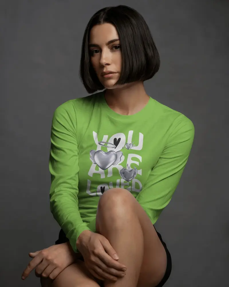 Minimalistic Long Sleeve T Shirt Mockup Elegant Woman With Bob Cut Posing In Neutral Light