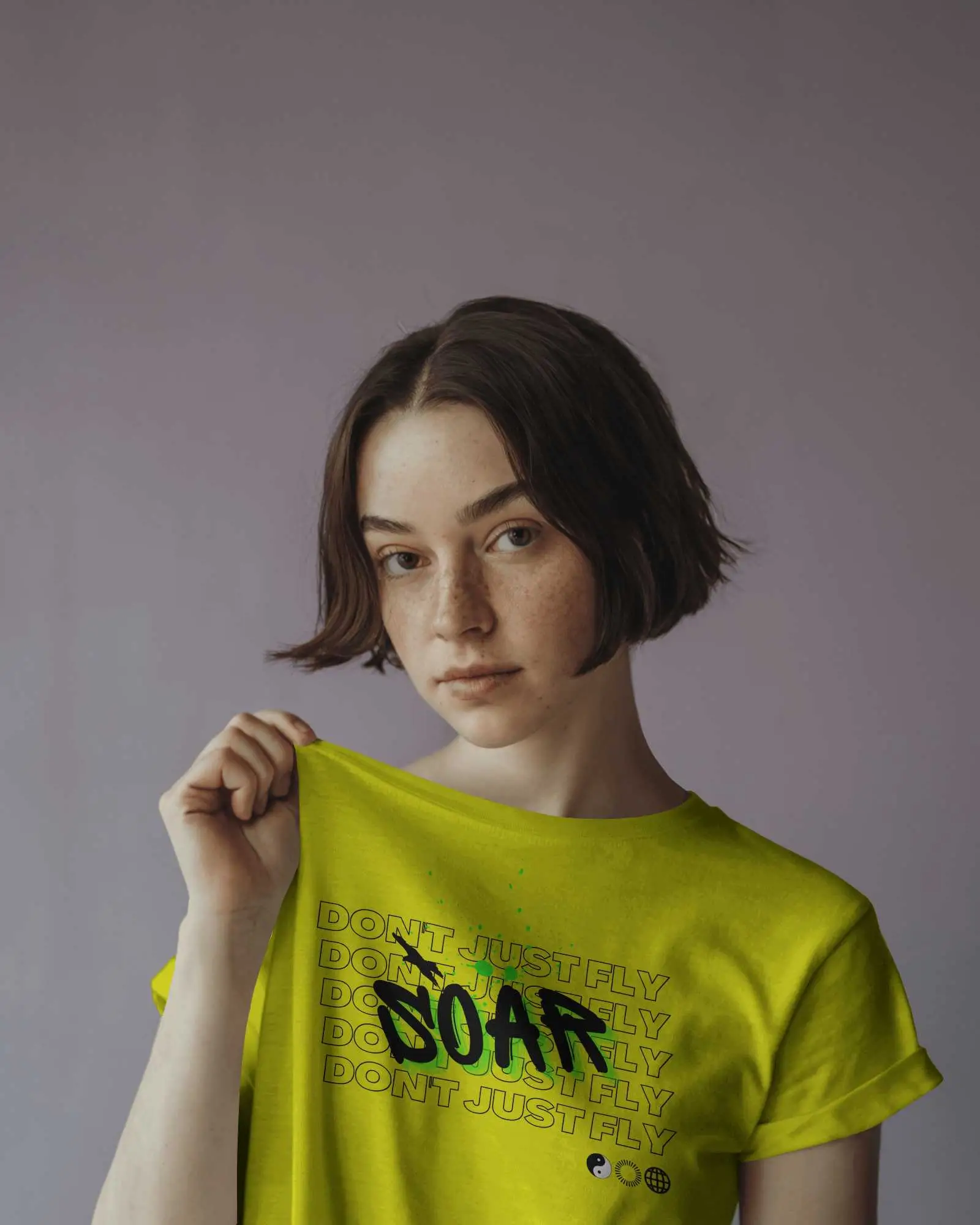 Trendy T Shirt Mockup Girl With Freckles And Short Hair Neutral Backdrop Branding Ready Front View