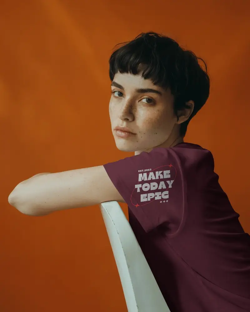 T Shirt Mockup Retro Inspired Orange Wall Setting Female Model With Neutral Expression And Freckles
