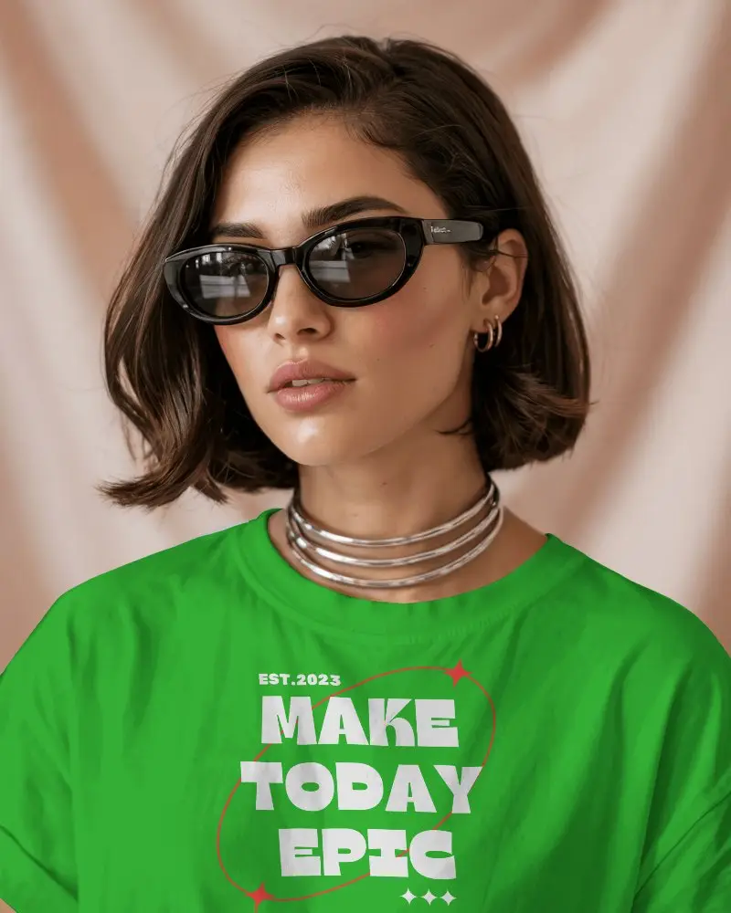 T Shirt Mockup Chic Brunette Female Model Wearing Sunglasses And Statement Necklace In Studio Lighting Front View