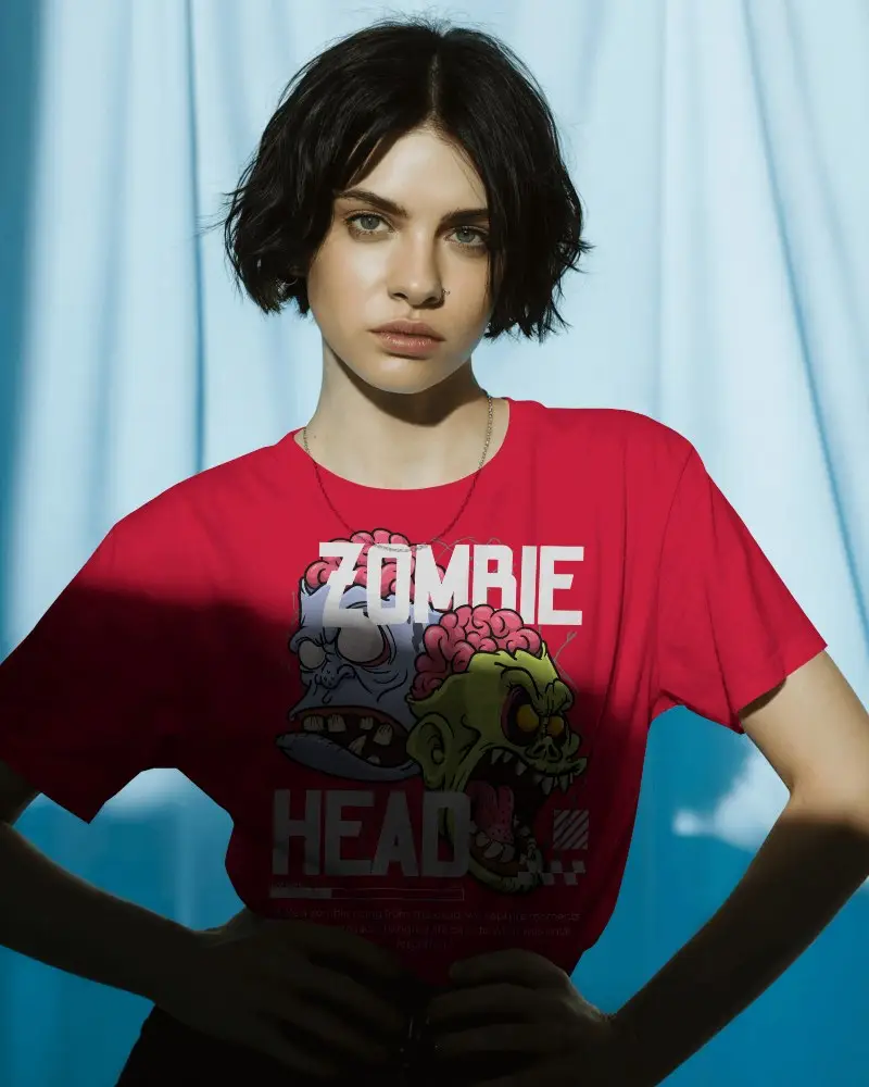 Moody Light Tshirt Mockup Short Haired Female Model In Shadow Play On Blue Curtain Background