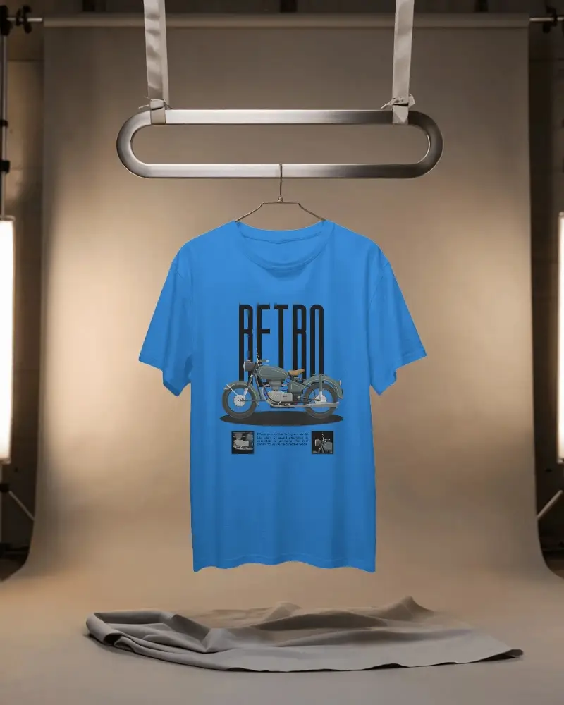 Plain Crew Neck Tshirt Hanging On Modern Clothes Rack In Studio Setting