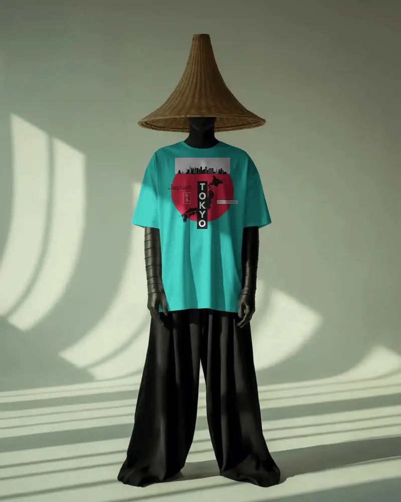 Oversized Tshirt Mockup On Black Figure With Gloves And High Contrast Light Shadow