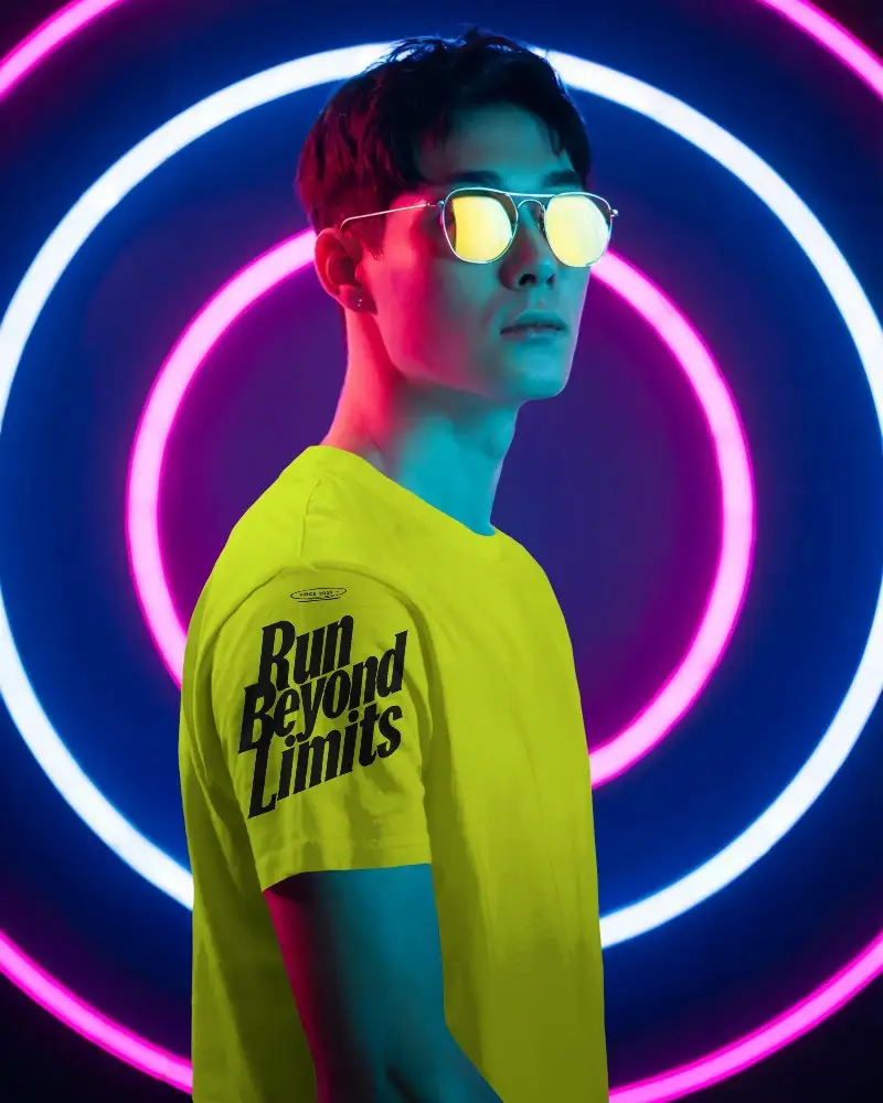 Cool Modern Tshirt Mockup With Neon Lighting Stylish Sunglasses And Urban Fashion Vibe