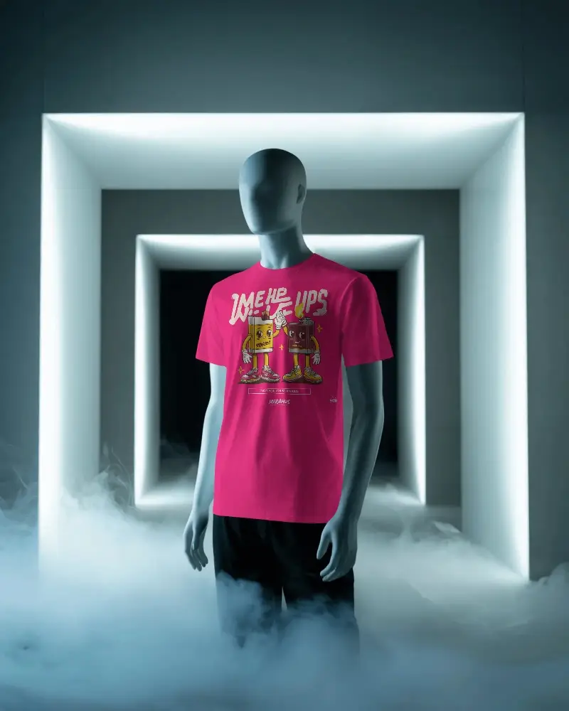 Male Tshirt Mannequin Display In Neon Lit Geometric Room With Smoke Effect