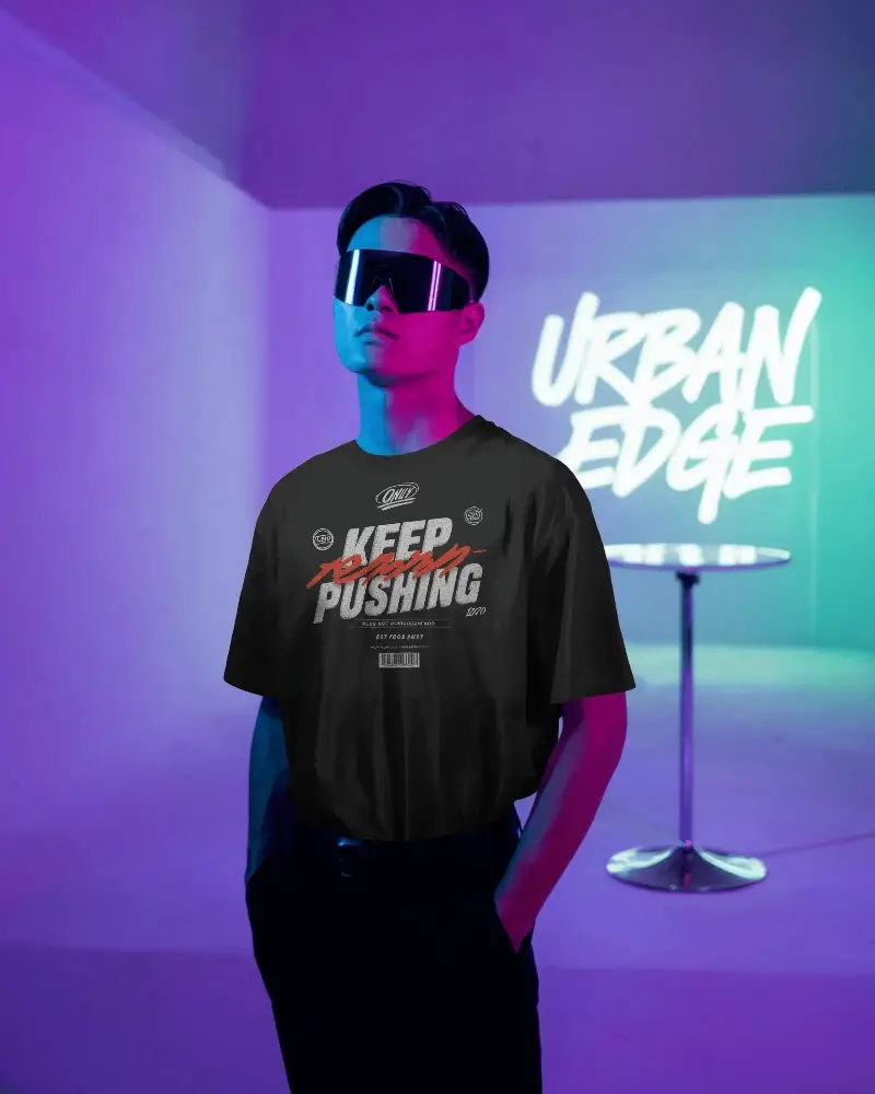 Modern Minimalist Tshirt Mockup With Futuristic Neon Lighting And Fashionable Accessories