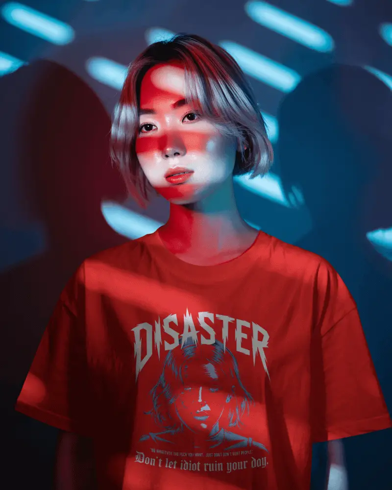 Futuristic Portrait T Shirt Mockup Female Model With Neon Lighting And Dramatic Shadow Play