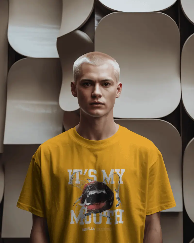 Minimalist Studio T Shirt Mockup Male Model Front Facing With Abstract Layered Wall Background