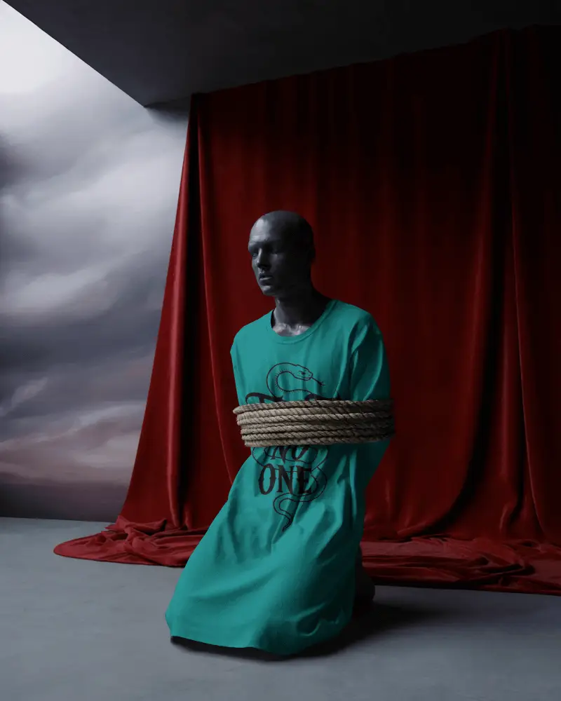 Conceptual Art T Shirt Mockup Mannequin Against Theatrical Red Draped Backdrop