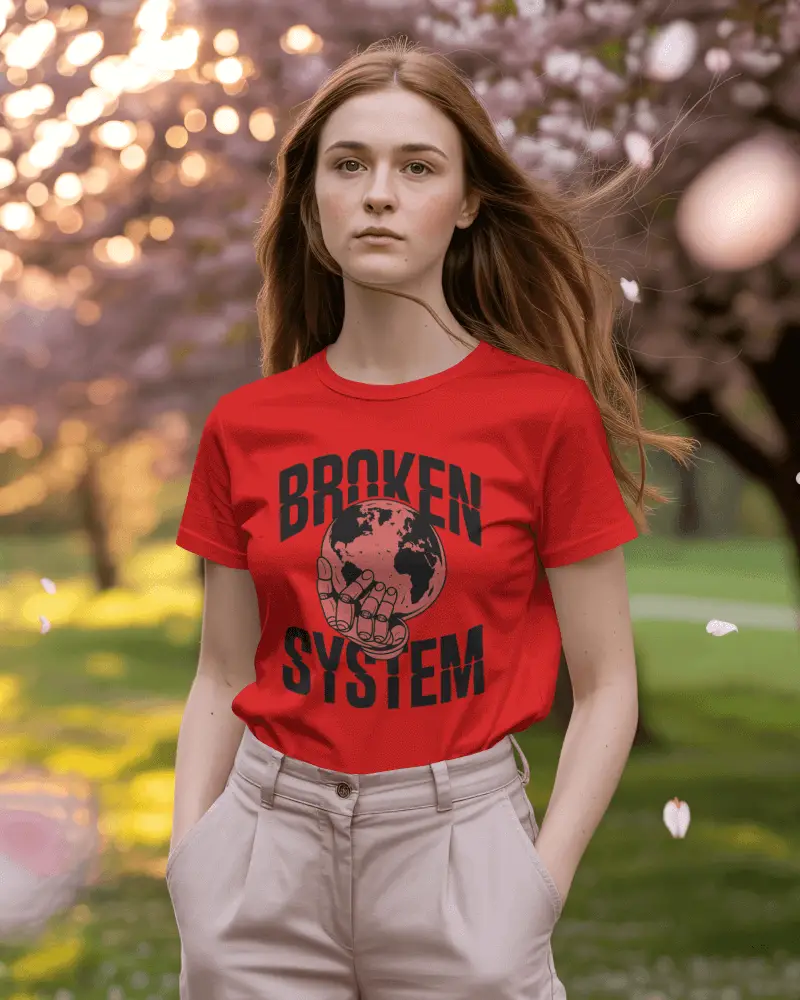 Natural Outdoor T Shirt Mockup Female Model Standing In Spring Garden With Soft Bokeh Light