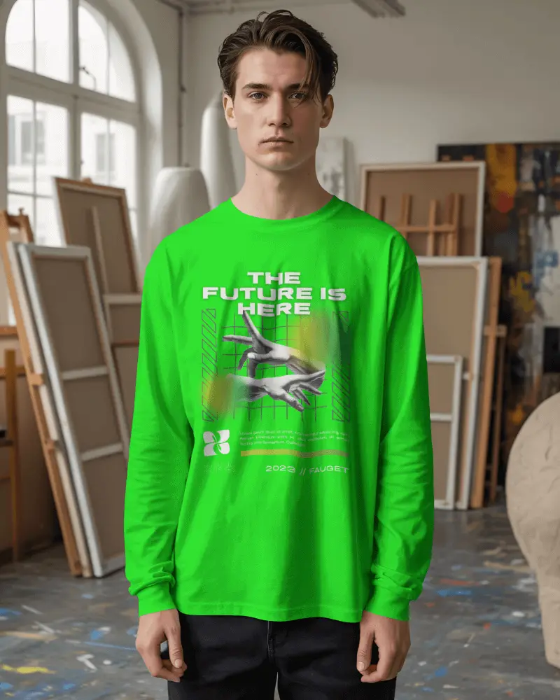 Creative Studio T Shirt Mockup Male Model Wearing Long Sleeve Shirt In Artist Workspace