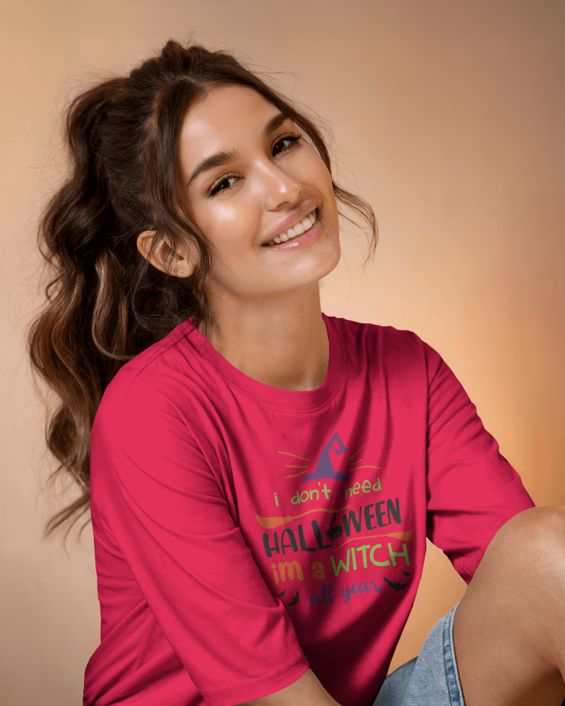 Warm Toned T Shirt Mockup Smiling Female Model With Wavy Brown Hair Cozy Lighting And Relaxed Casual Vibe 0877