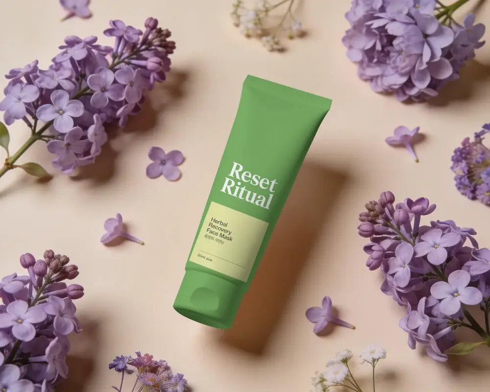 Skincare Product Tube Mockup On Soft Bohemian Floral Background For Brand Promotion