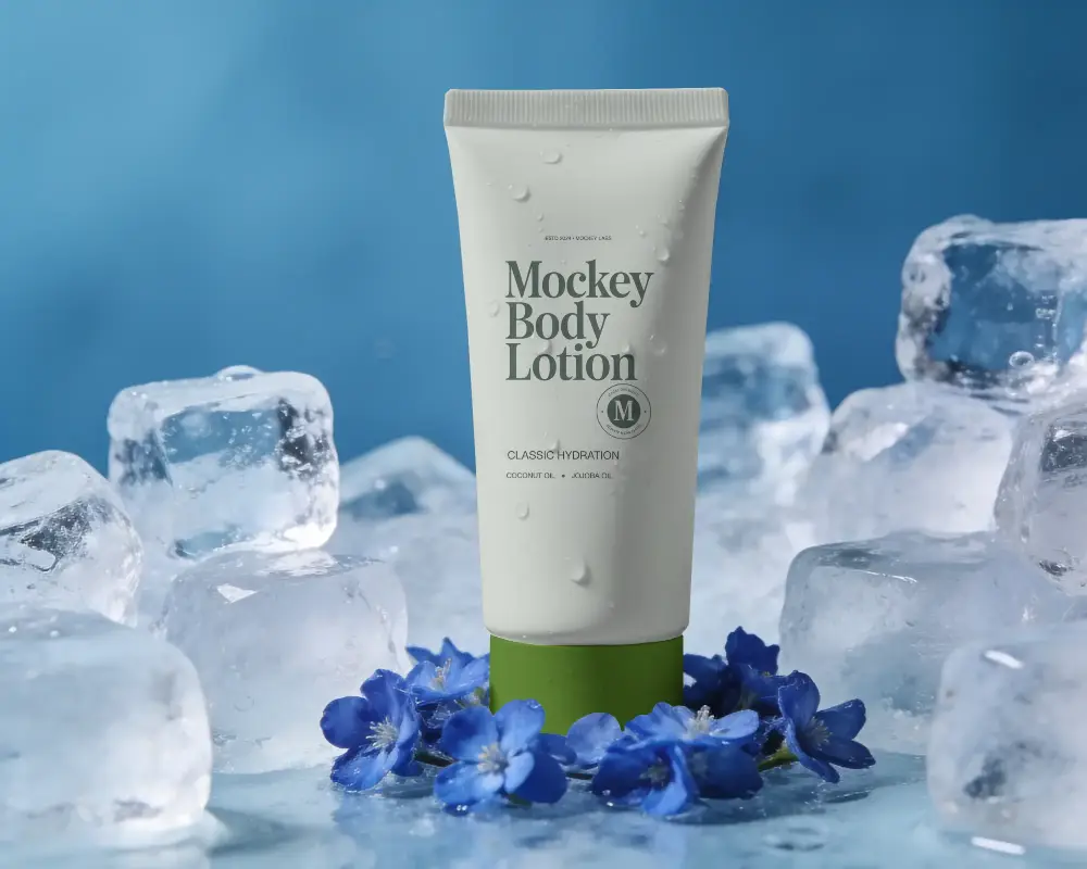 Premium Skincare Tube Mockup Packaging With Water Droplets And Delicate Floral Decoration
