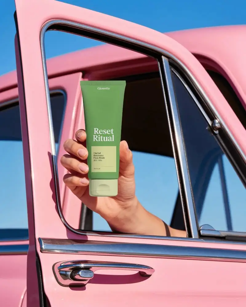 Hand Holding Cosmetic Squeeze Tube Mockup Outside Vintage Car Window Background