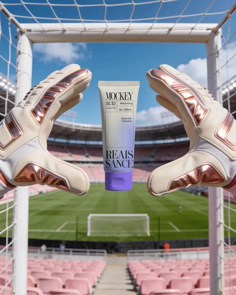 Goalkeeper Gloves Catching Midair Cosmetic Tube Mockup Sport Stadium Background Promotional