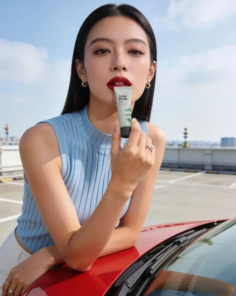 Woman Holding Cosmetic Tube Mockup For Beauty Skin Care Product Promotion
