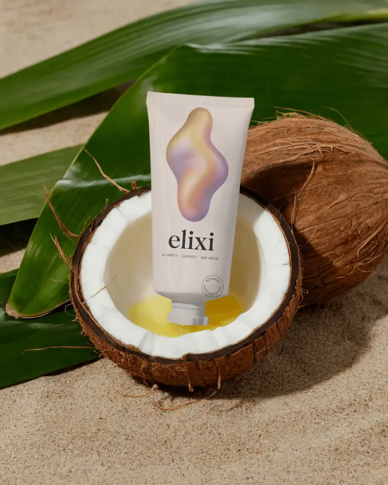 Skincare Product Tube Mockup Inside Fresh Coconut With Green Leaves Summer Theme