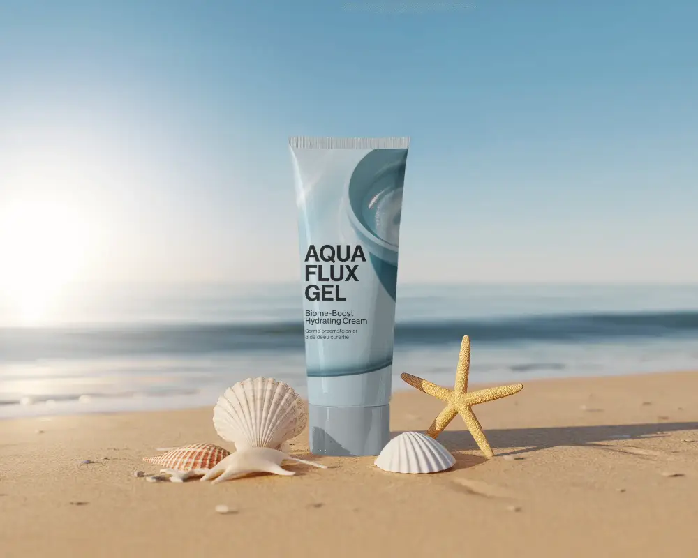 Cosmetic Product Tube Mockup Standing In Sand With Seashells Summer Beach Backdrop