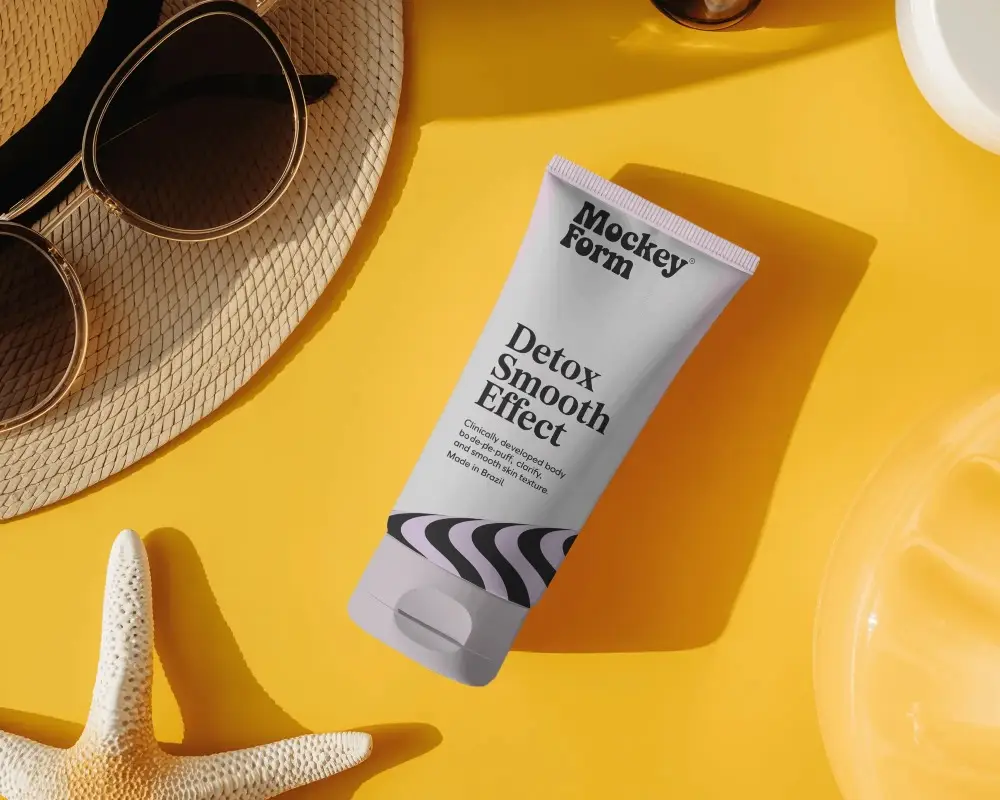 Product Packaging Tube Mockup Flat Lay With Summer Accessories And Beach Theme