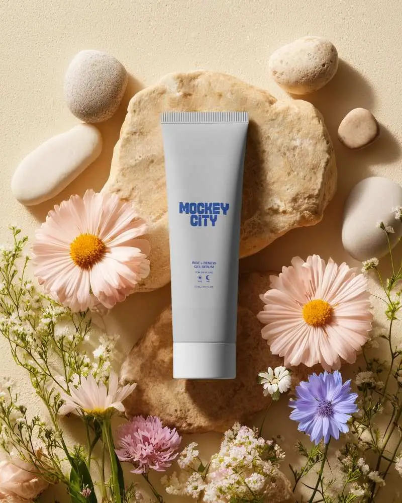 Cosmetic Tube Packaging Mockup On Textured Natural Stone With Delicate Floral Arrangement