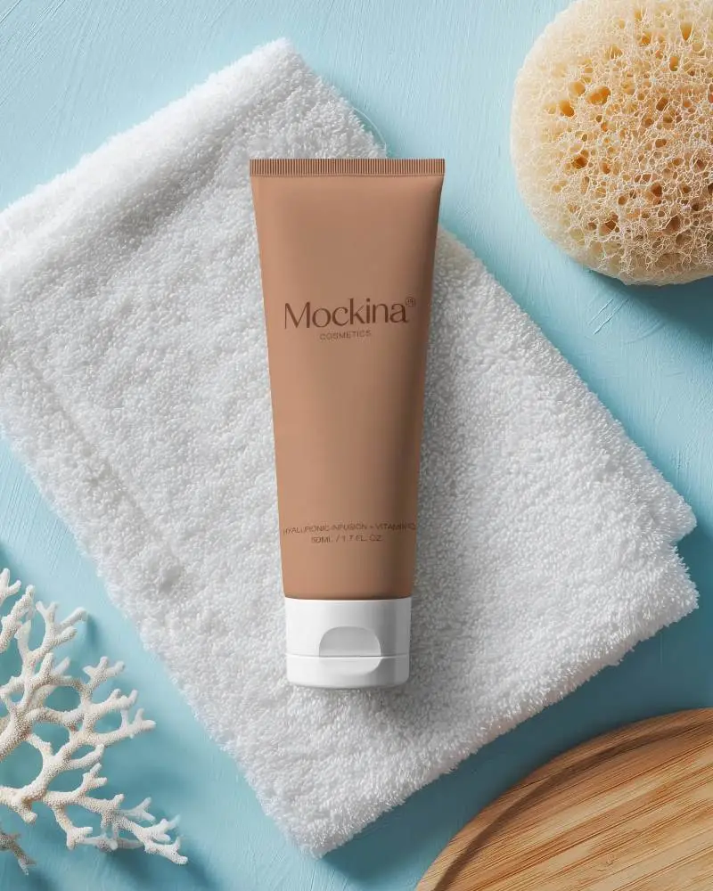 Cosmetic Product Tube Mockup Placed On Absorbent Towel With Organic Bath Spa Elements