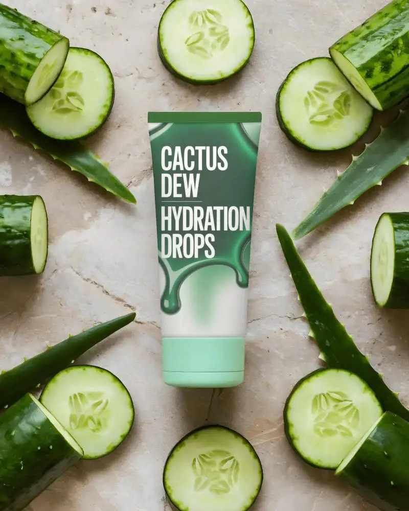 Natural Skincare Tube Mockup For Organic Beauty Products With Fresh Cucumber And Aloe Leaves